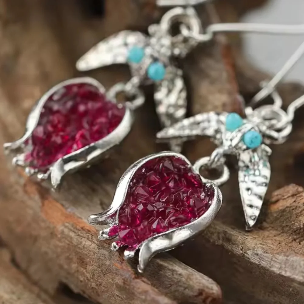 Vintage Pomegranate Red Silver Earrings - Picture 5 of 7